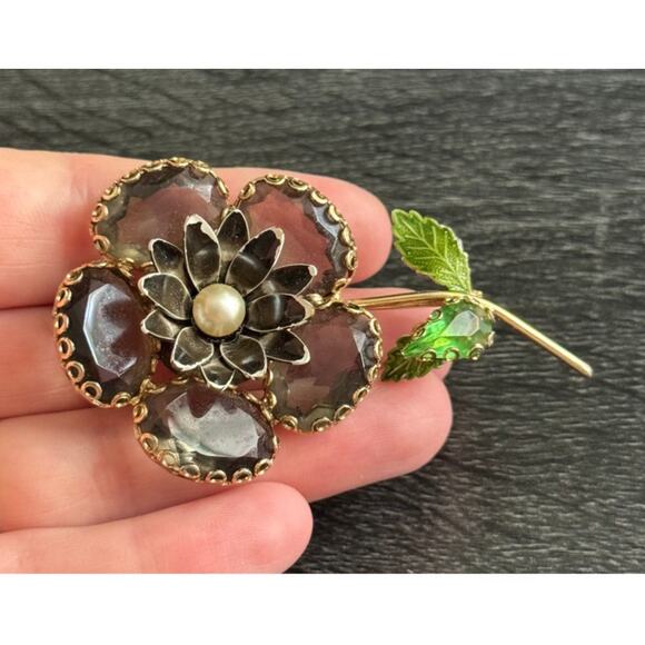 Vintage Juliana‎ Smokey Topaz Flower Brooch Pin Gold Tone - Picture 1 of 4
